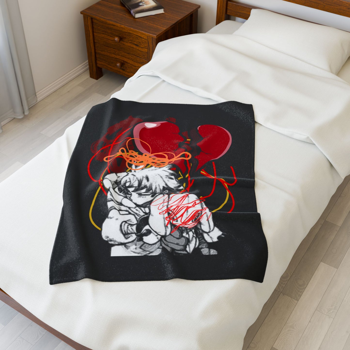 Broken Heart Illustration Velveteen Plush Blanket | Anime Sketch, Red Balloon